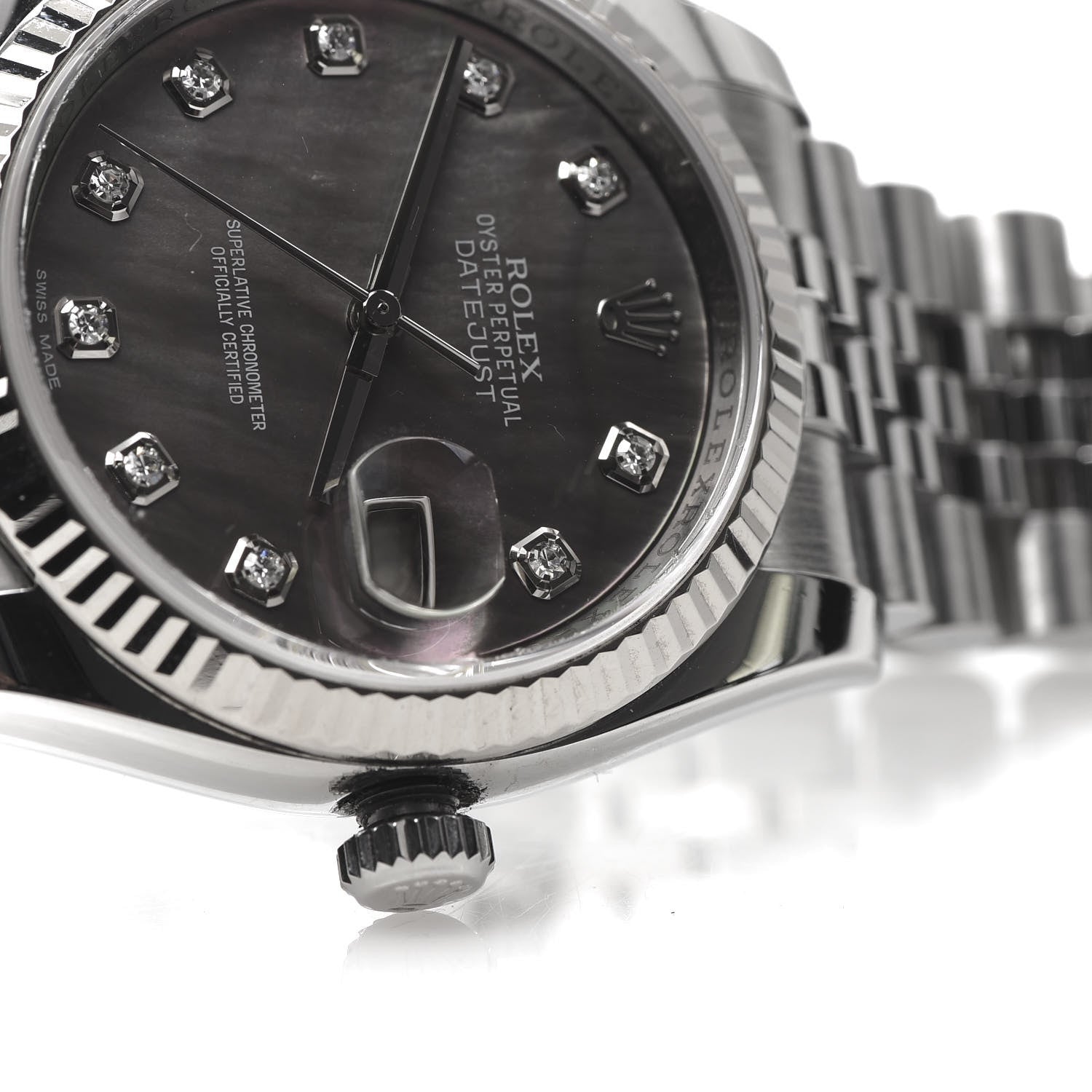 Rolex Stainless Steel 18K White Gold Diamond Black Mother of Pearl 36mm Oyster Perpetual Datejust Watch 116234 8 of 9