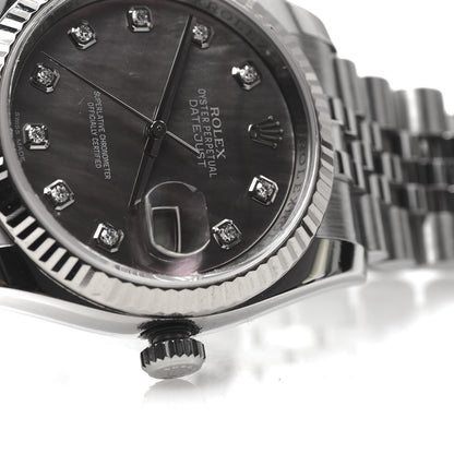 Rolex Stainless Steel 18K White Gold Diamond Black Mother of Pearl 36mm Oyster Perpetual Datejust Watch 116234 8 of 9