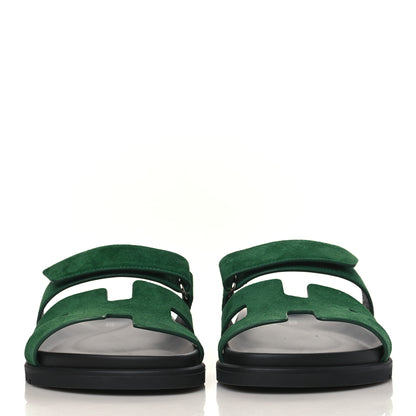 Hermes Suede Goatskin Womens Chypre Sandals 37.5 Vert Electrique 2 of 9