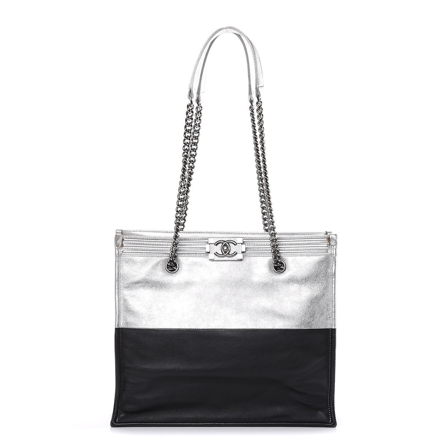 Metallic Goatskin Calfskin Bi-Color Large Boy Tote Black Silver