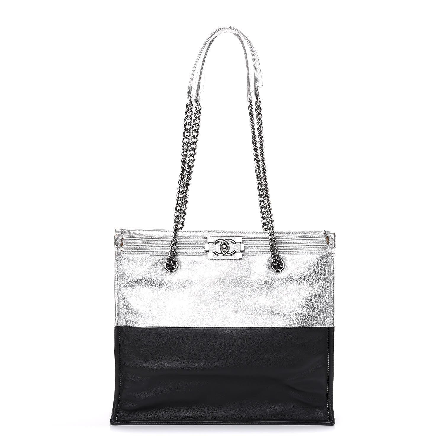 Chanel Metallic Goatskin Calfskin Bi-Color Large Boy Tote Black Silver 1 of 18