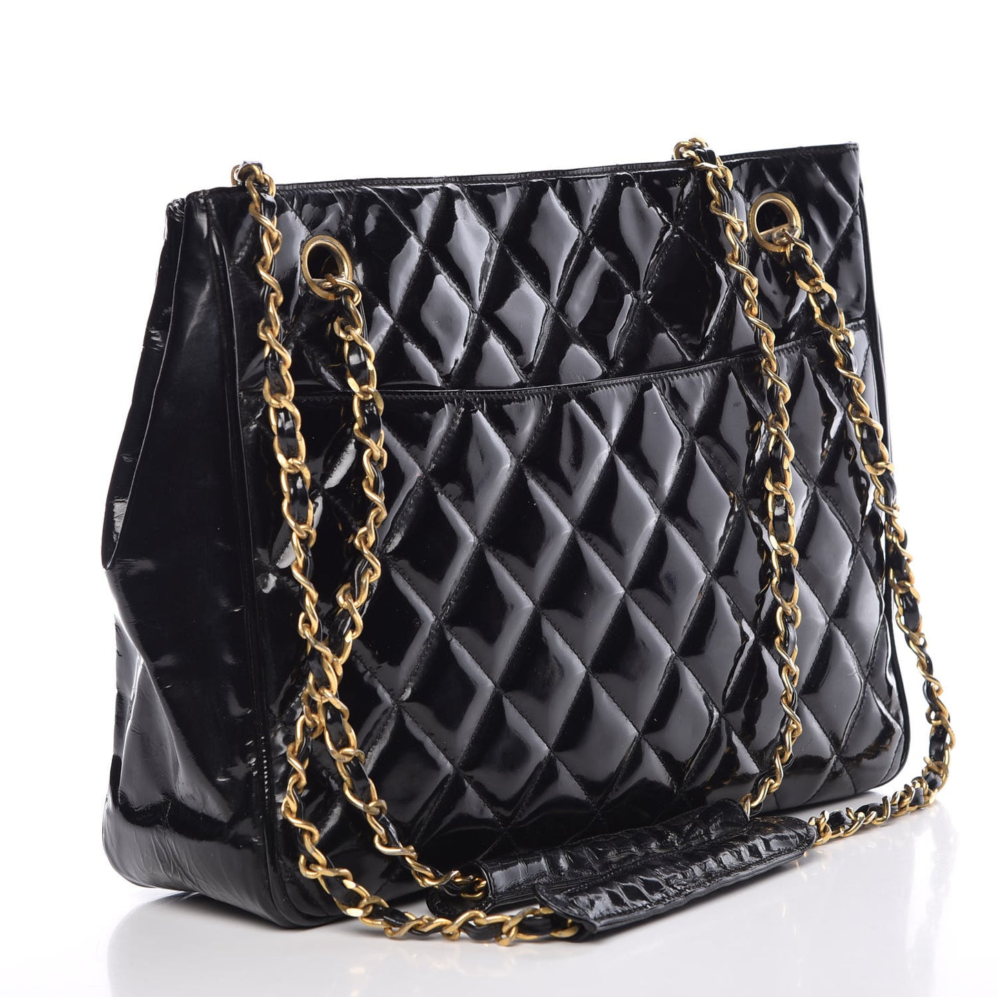 Patent Quilted Shopping Tote Black