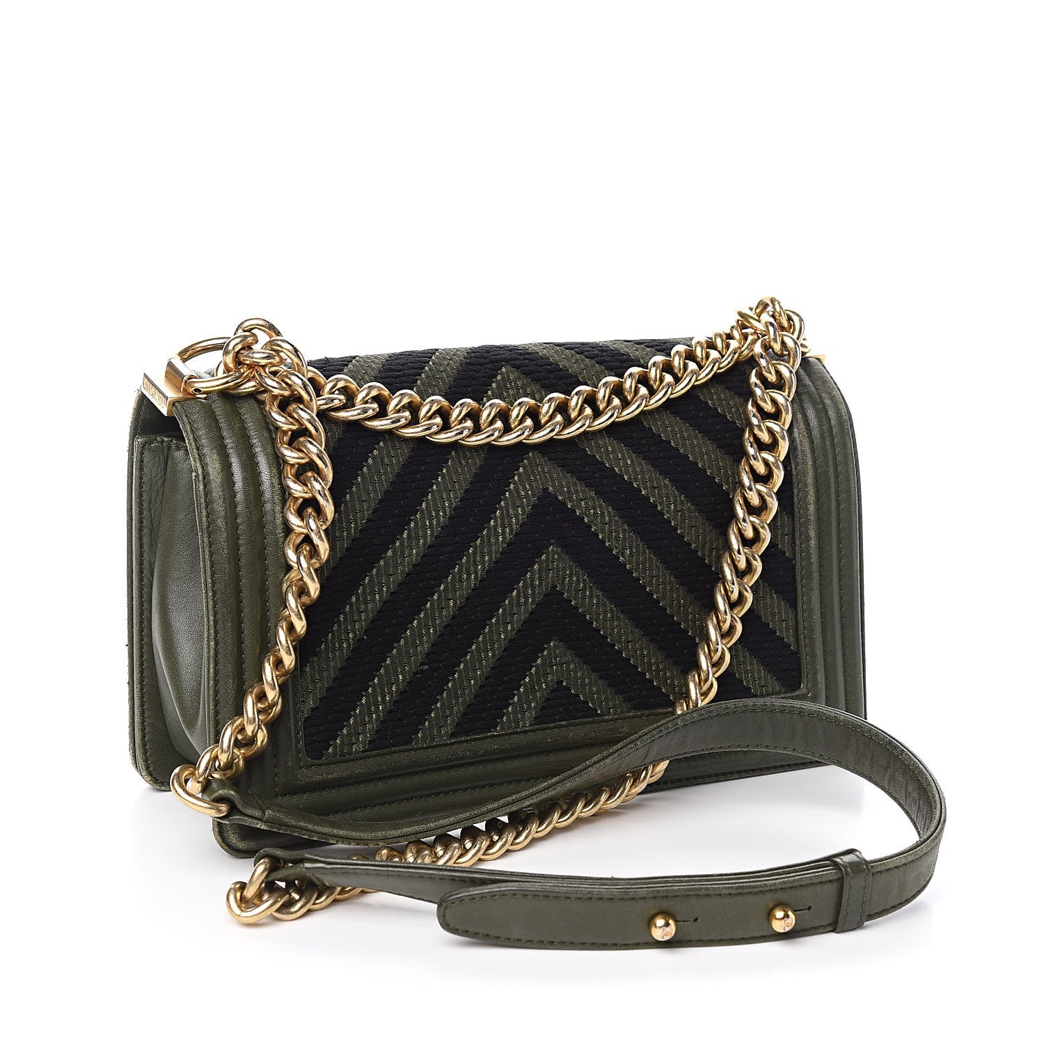 Chanel Fabric Chevron Braided Medium Boy Flap Black Dark Green 3 of 17