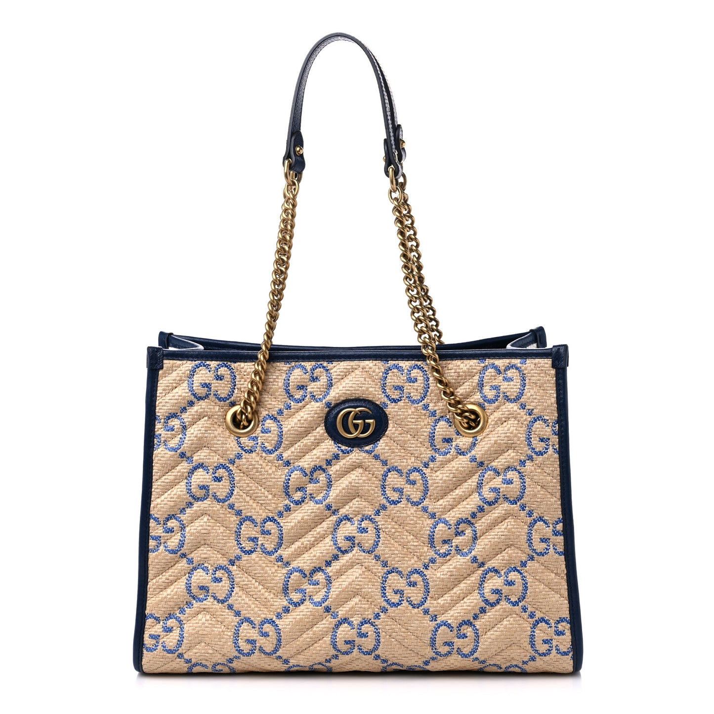 Raffia GG Monogram Matelasse Medium GG Marmont Shoulder Tote Natural Royale Off White