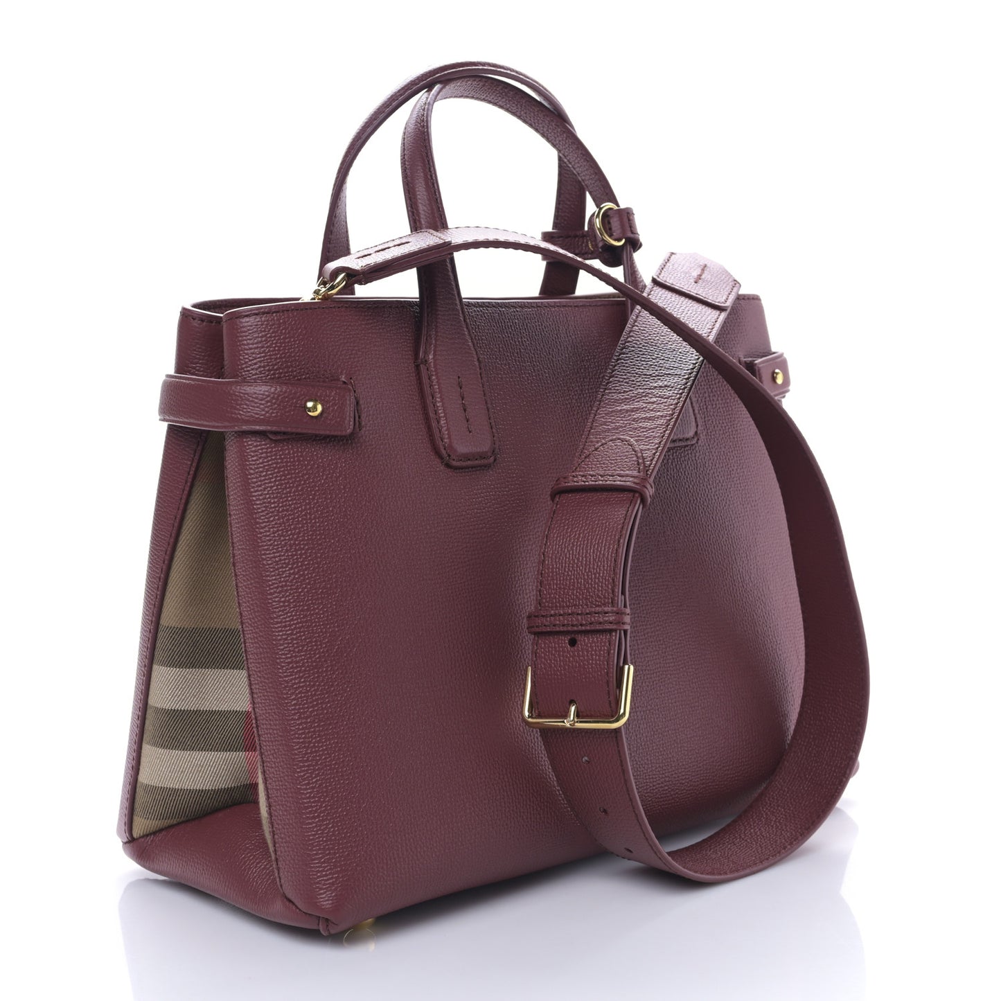 Grainy Calfskin House Check Small Banner Tote Crimson