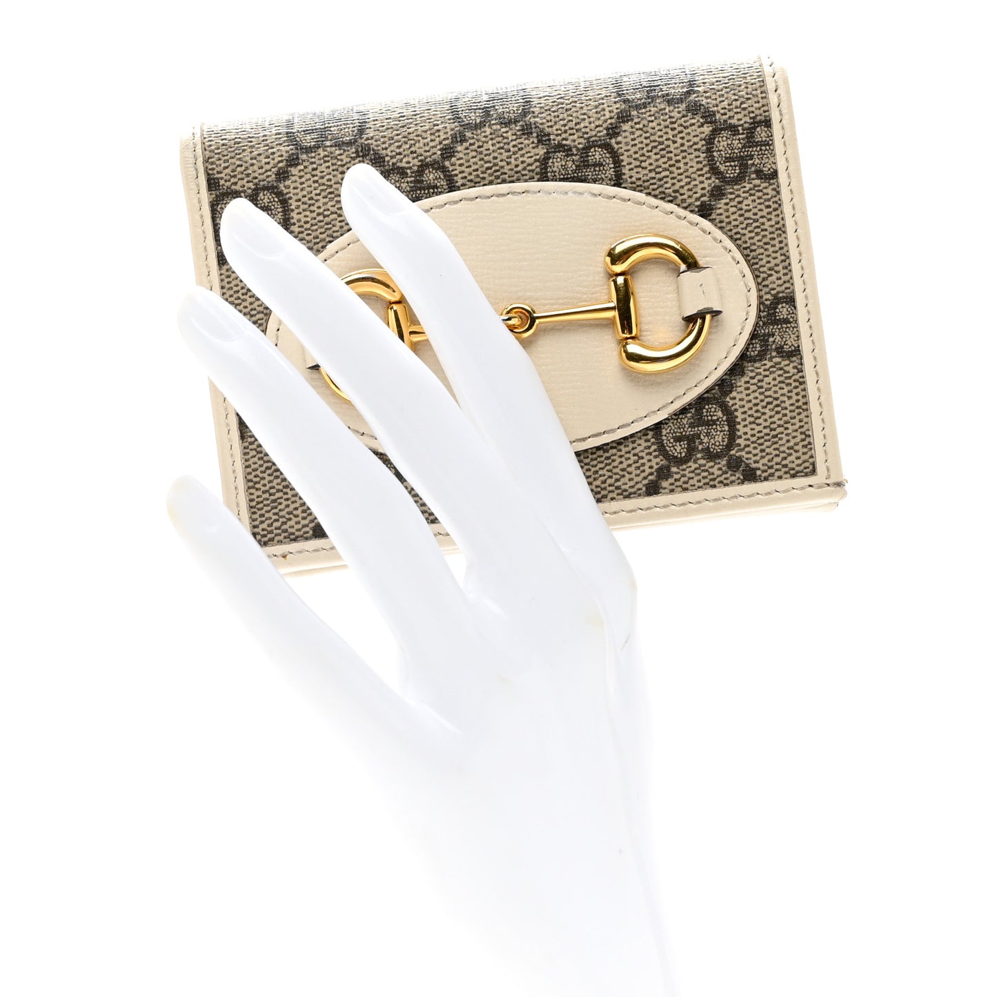 GG Supreme Monogram Azalea Calfskin Horsebit 1955 Card Case Wallet Beige Ebony Mystic White