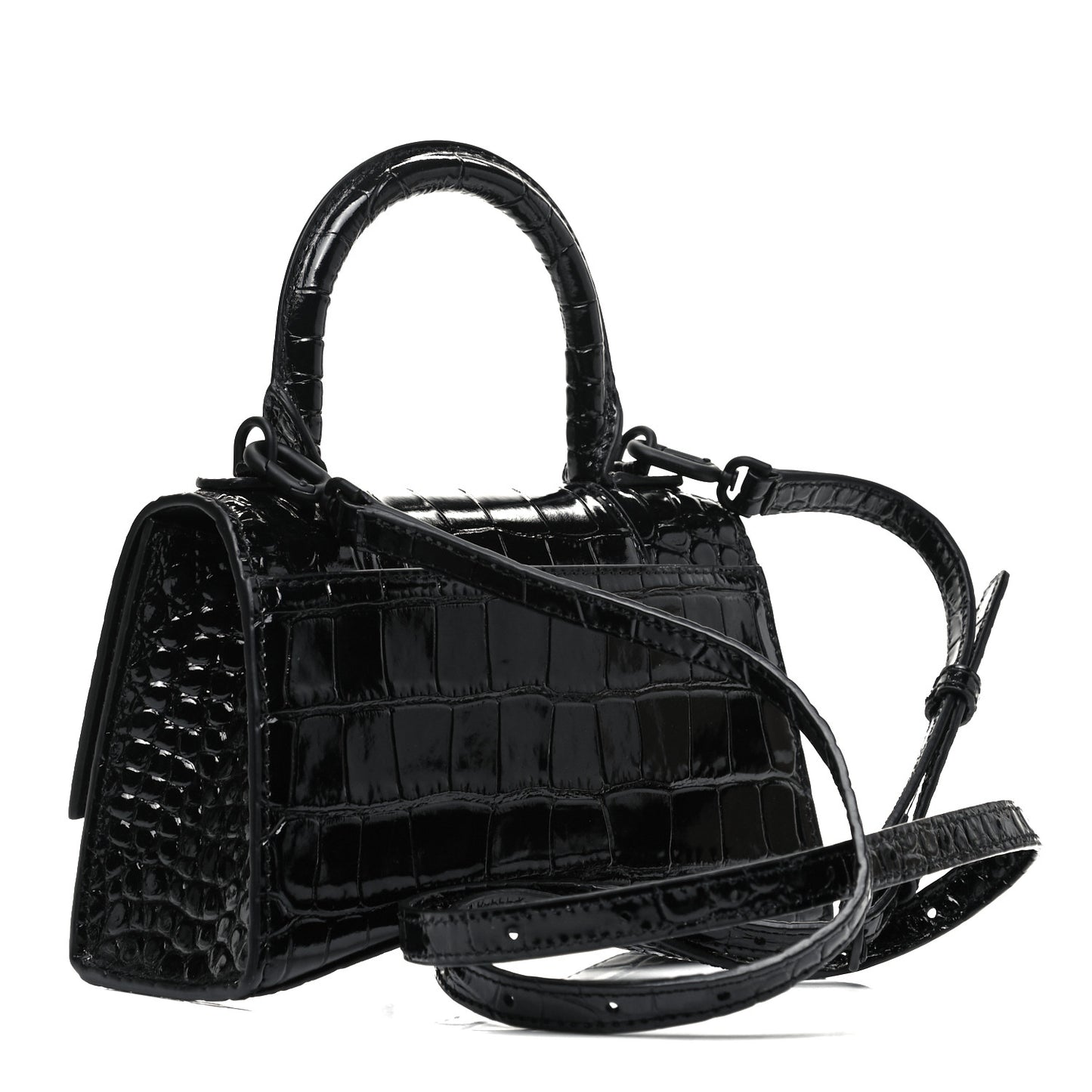 Shiny Calfskin Monochrome Crocodile Embossed Hourglass Top Handle Bag XS Black