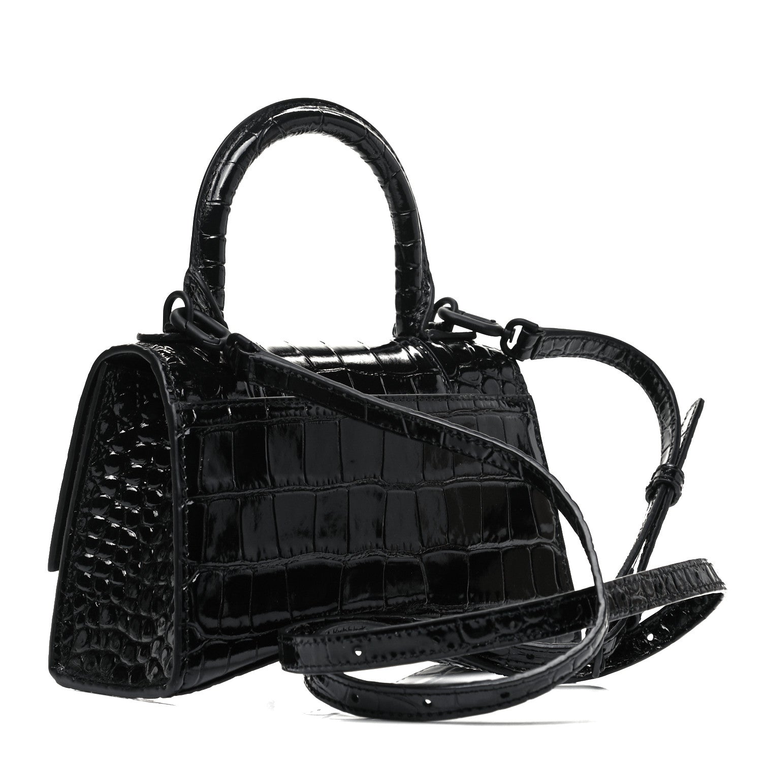 Balenciaga Shiny Calfskin Monochrome Crocodile Embossed Hourglass Top Handle Bag XS Black 3 of 9