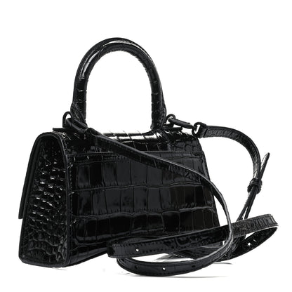 Balenciaga Shiny Calfskin Monochrome Crocodile Embossed Hourglass Top Handle Bag XS Black 3 of 9
