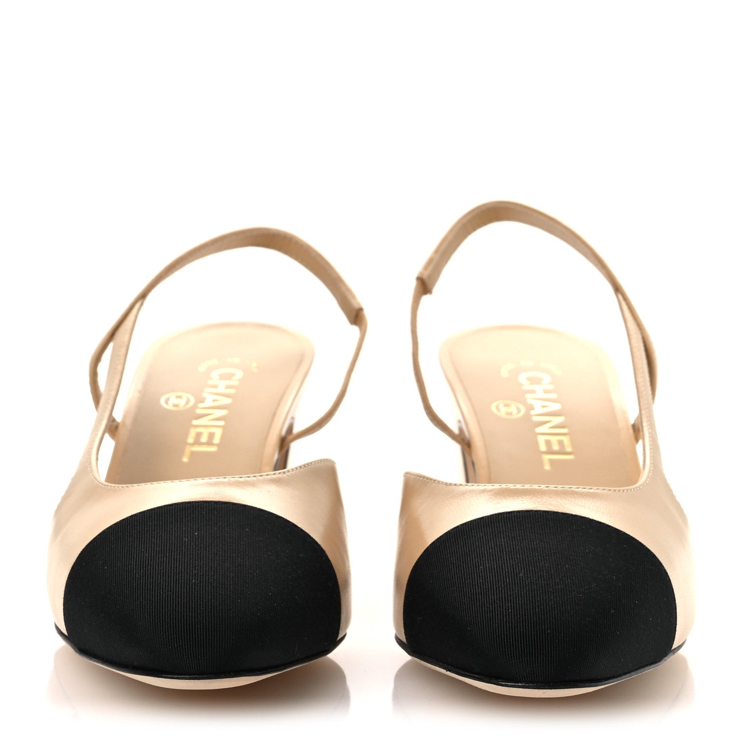 Chanel Goatskin Grosgrain Cap Toe CC Slingback Pumps 40 Beige Black 3 of 11