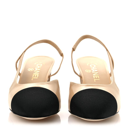 Chanel Goatskin Grosgrain Cap Toe CC Slingback Pumps 40 Beige Black 3 of 11
