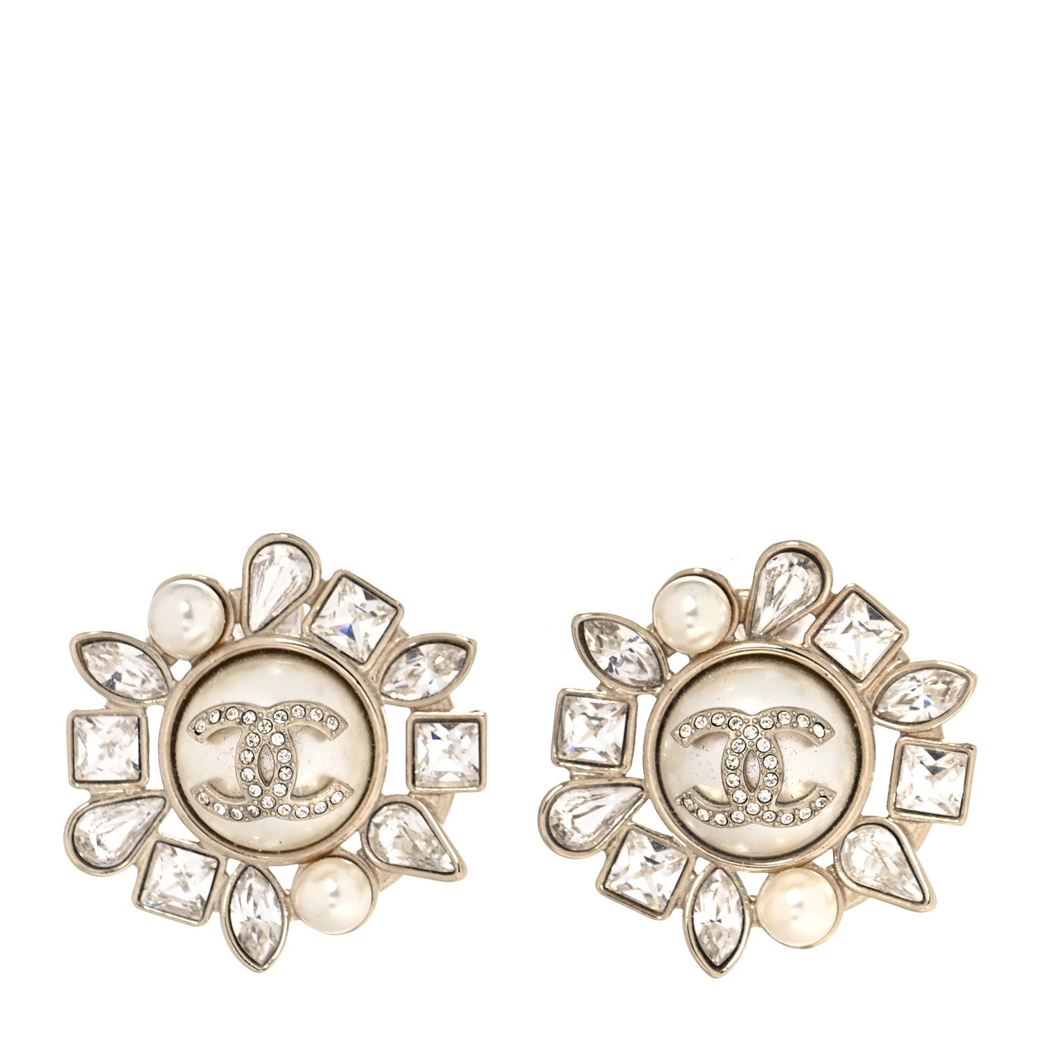 Chanel Pearl Crystal CC Round Earrings Gold 1 of 5