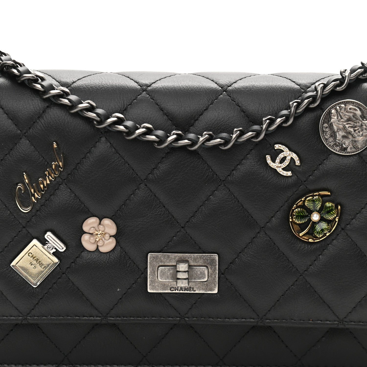 Chanel Aged Calfskin Quilted Lucky Charms 2.55 Reissue Wallet On Chain WOC Black 9 of 13