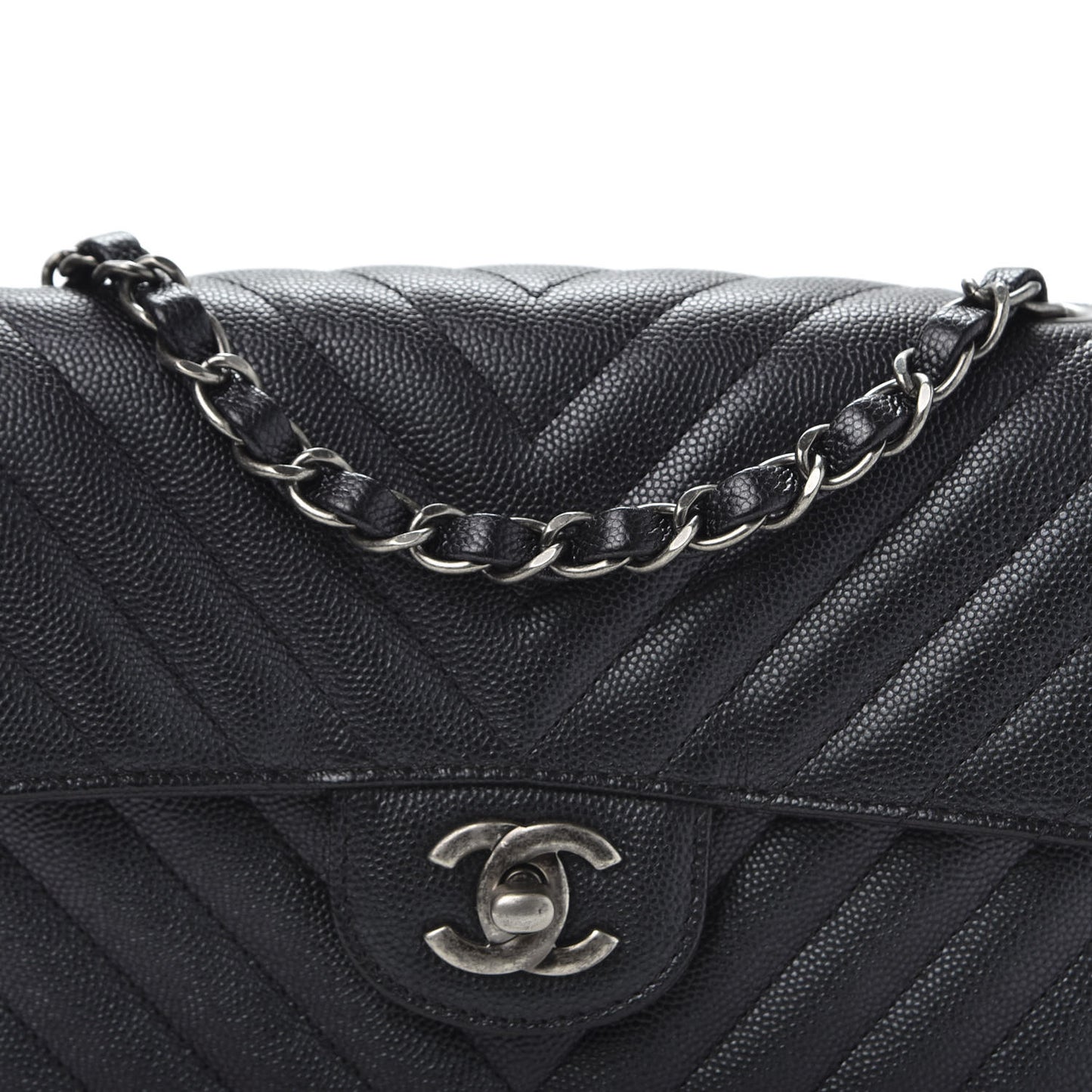 Iridescent Caviar Chevron Quilted Mini Rectangular Flap Black