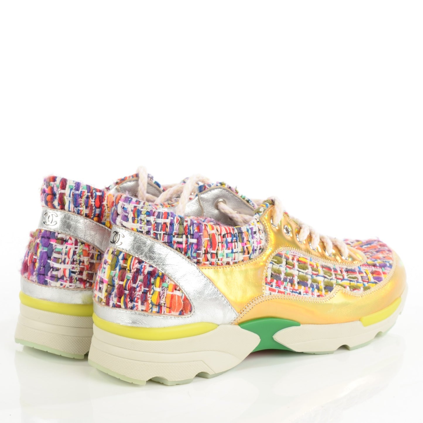 Tweed Lambskin Runway Sneakers 36.5 Argent Gold