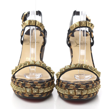 Christian Louboutin Nappa Silk Leopard Pira Ryad 110 Wedge Sandals 38 Black Marron 2 of 7