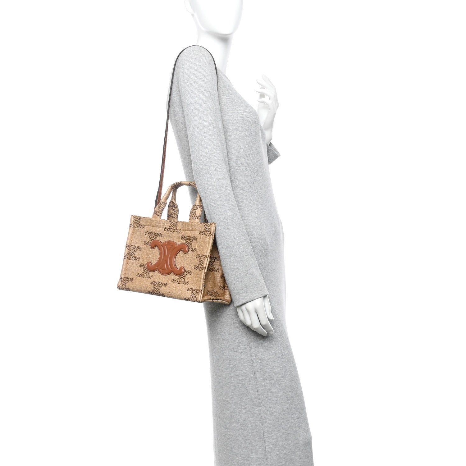Celine Raffia Effect Calfskin Triomphe Jacquard Small Cabas Natural Tan 2 of 9