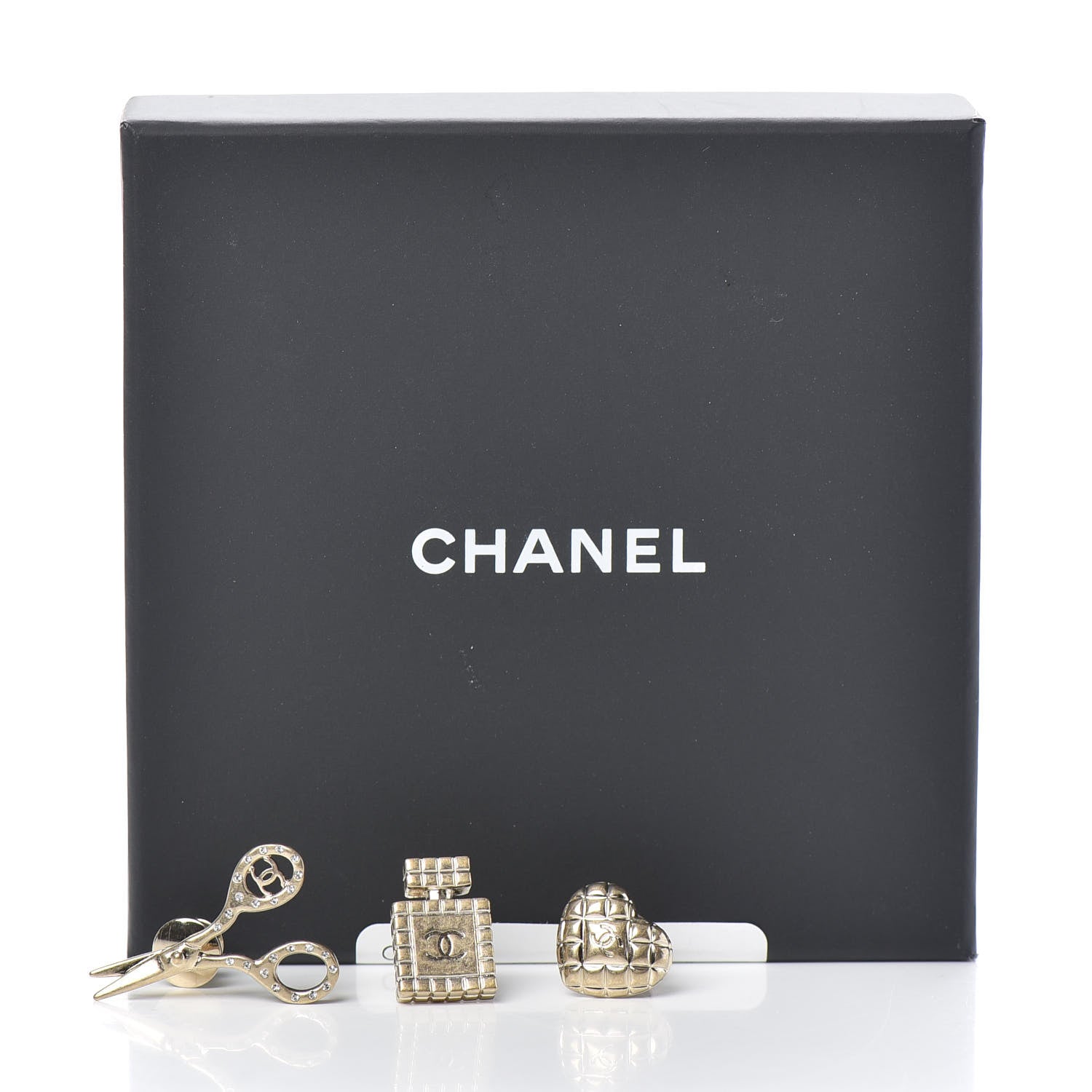 Chanel Metal Strass Crystal Quilted CC Heart Scissors Perfume Brooch Set Gold 5 of 5