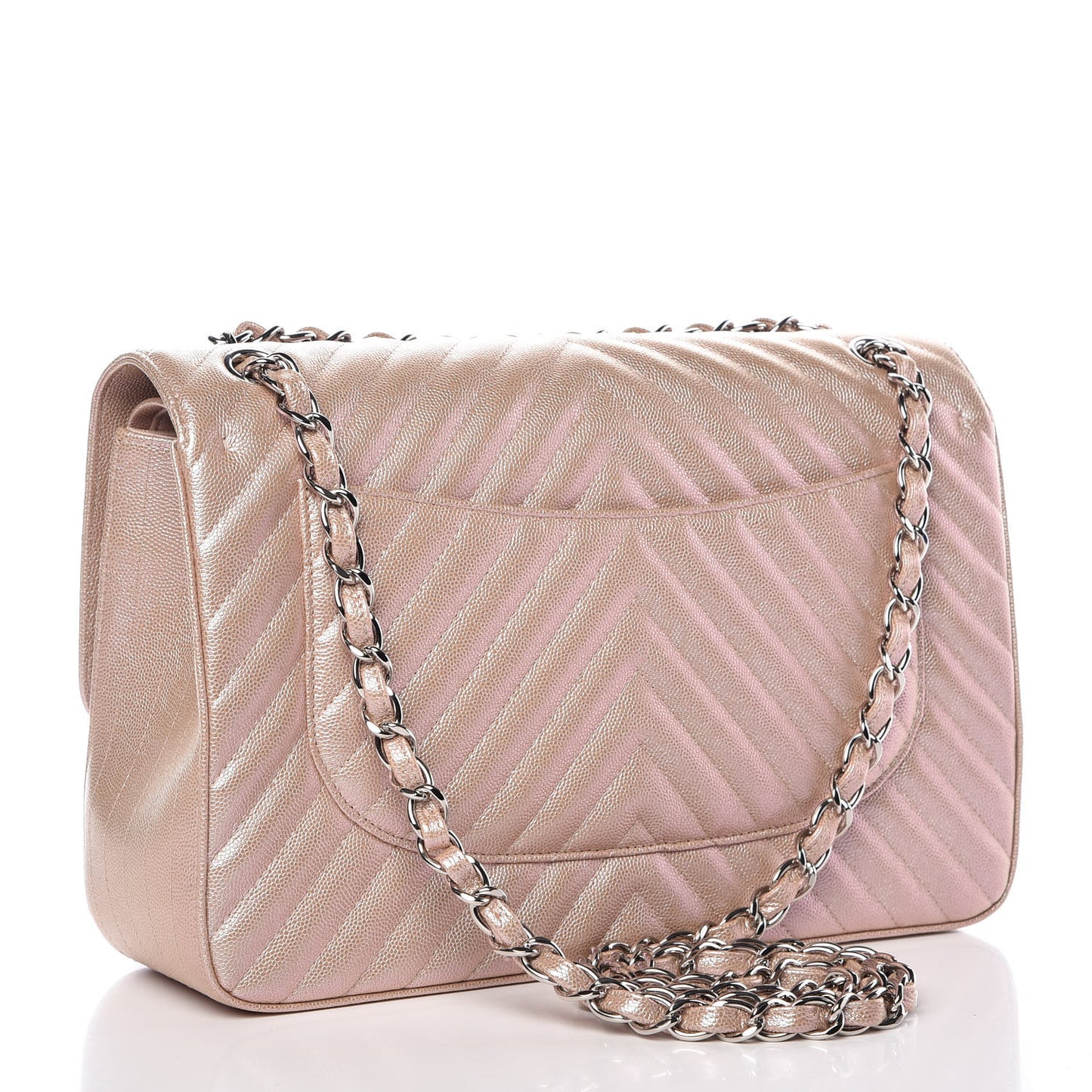Metallic Caviar Chevron Quilted Jumbo Double Flap Light Gold