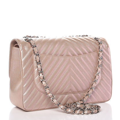 Chanel Metallic Caviar Chevron Quilted Jumbo Double Flap Light Gold 3 of 10