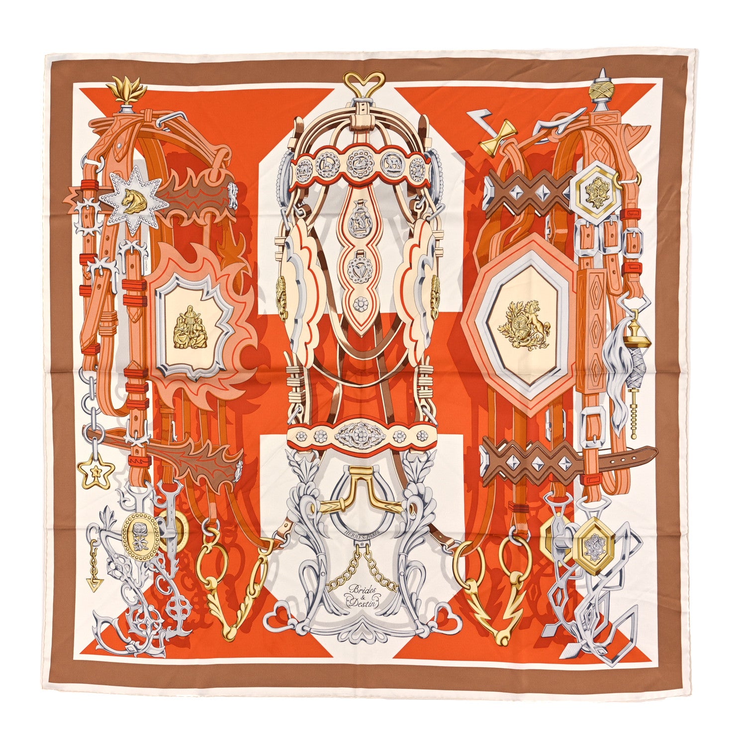 Hermes Silk Brides Et Destin Scarf 90 Orange Cuite Beige 1 of 3