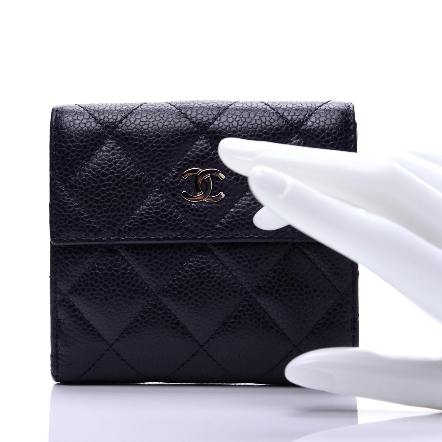 Caviar Quilted Compact French Flap Wallet Dark Blue