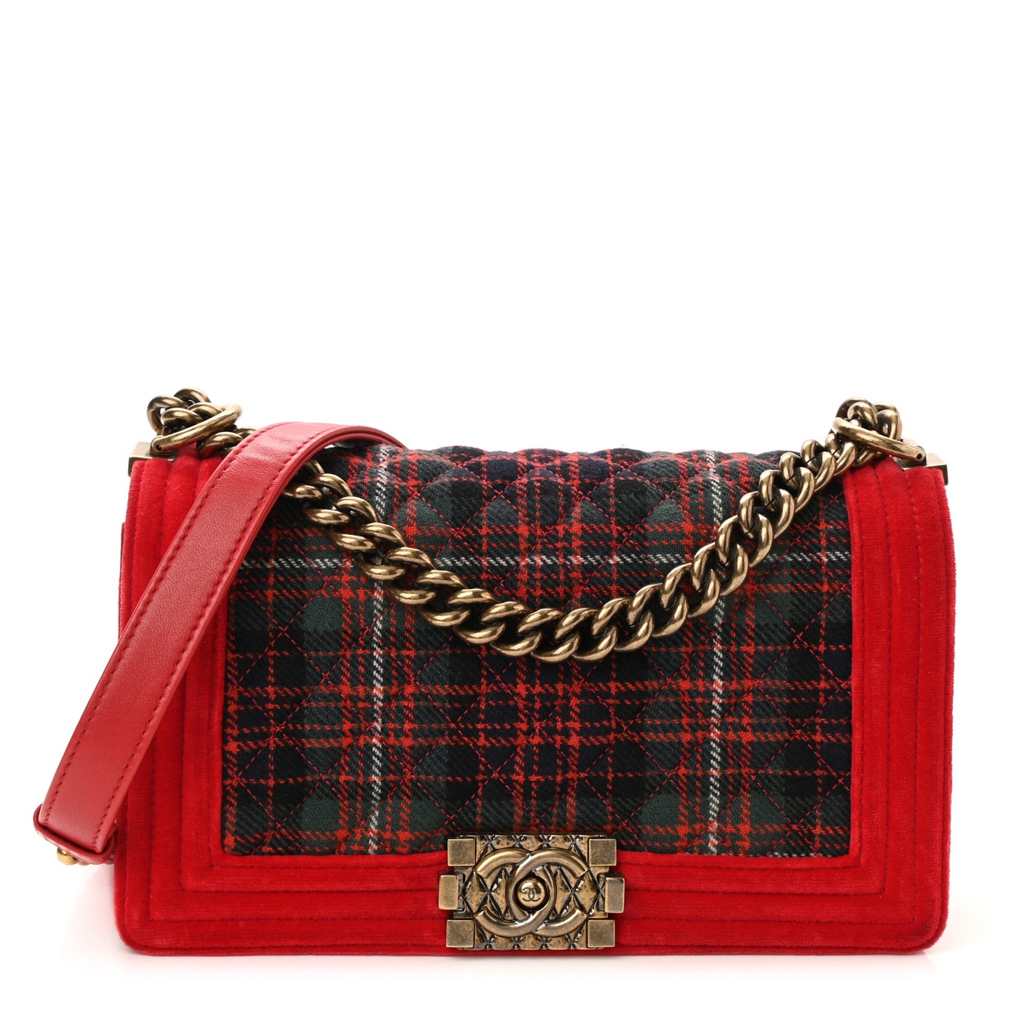 Velvet Plaid Tartan Quilted Medium Boy Flap Red