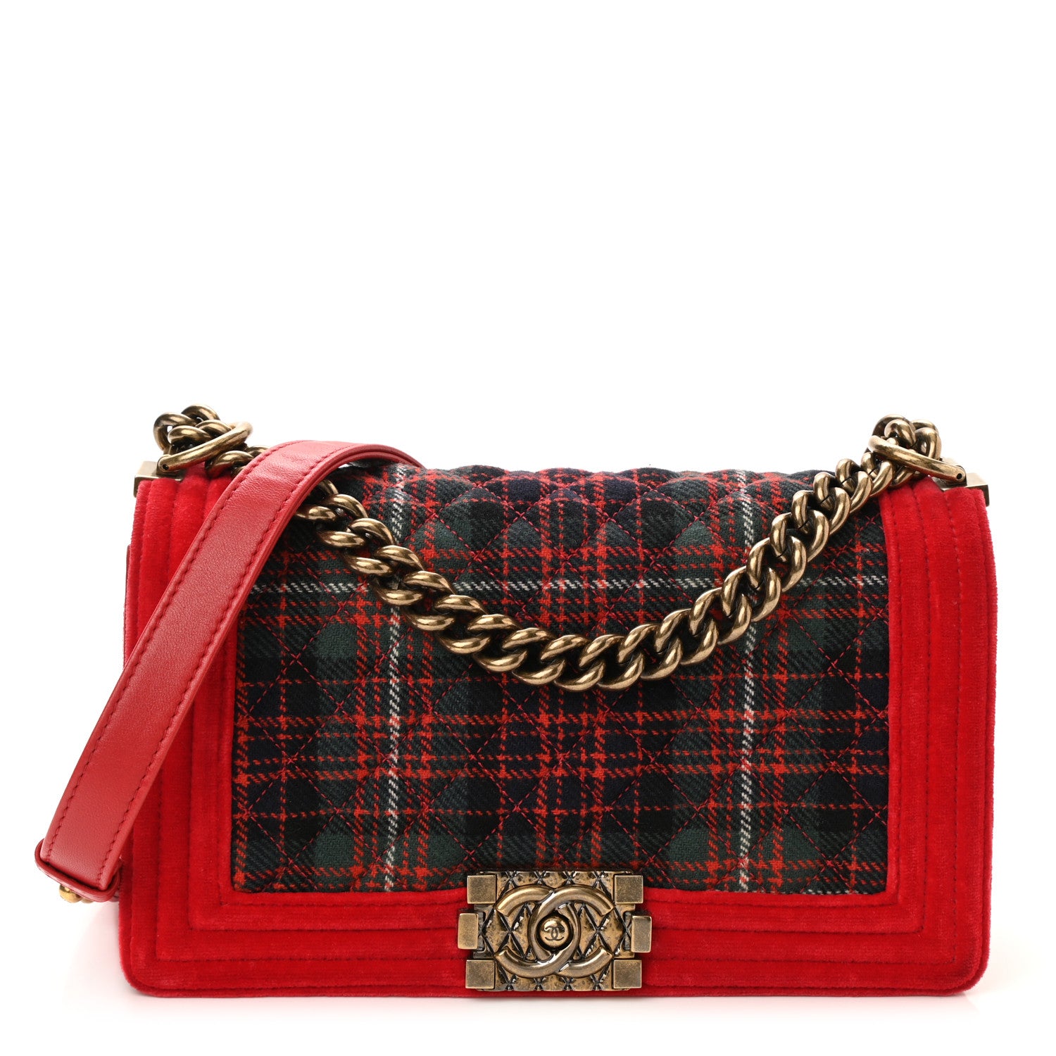 Chanel Velvet Plaid Tartan Quilted Medium Boy Flap Red 1 of 11