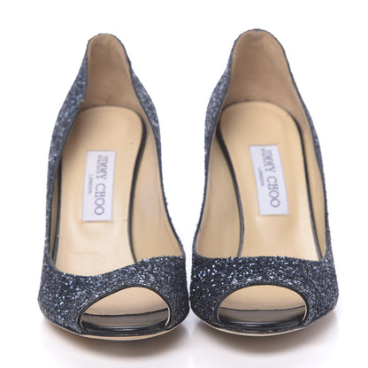 Jimmy Choo Coarse Glitter Fabric Baxon 85 Wedges 38 Navy 2 of 9