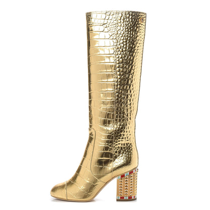 Chanel Calfskin Crocodile Embossed Cap Toe High Boots 38 Gold 1 of 8