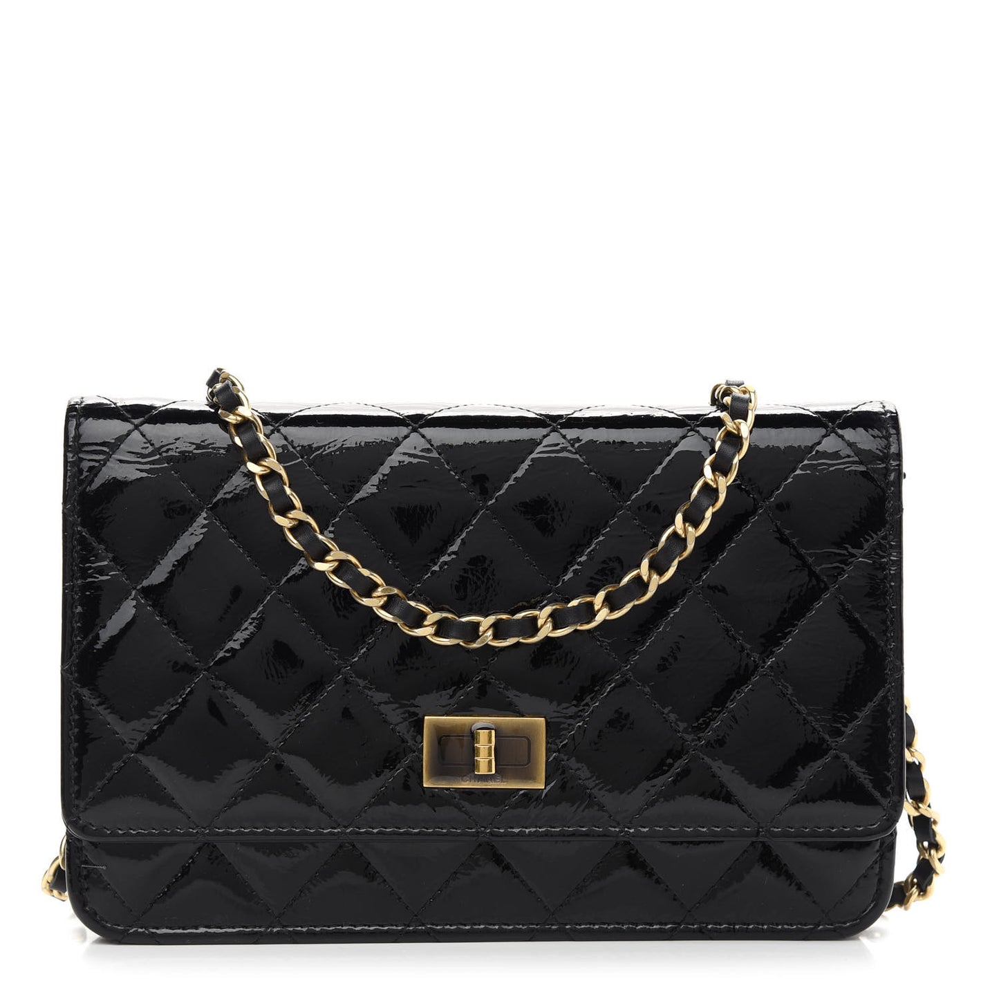 Distressed Patent Calfskin Quilted Reissue Wallet On Chain WOC Black