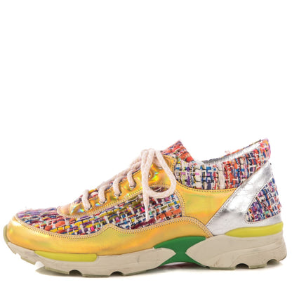 Chanel Tweed Lambskin Runway Sneakers 38 Gold 1 of 8