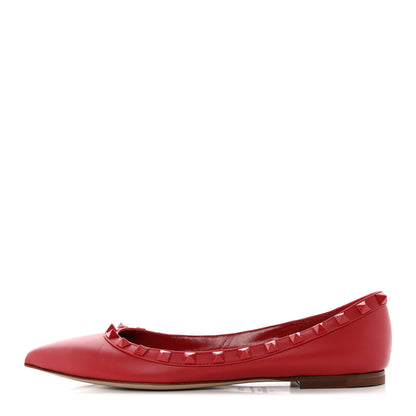 Valentino Garavani Calfskin Lacquered Monochrome Rockstud Ballerina Flats 37.5 Rosso Valentino 1 of 15
