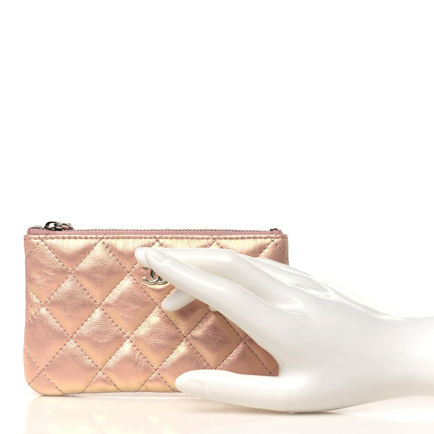 Iridescent Lambskin Quilted Small Cosmetic Case Pink