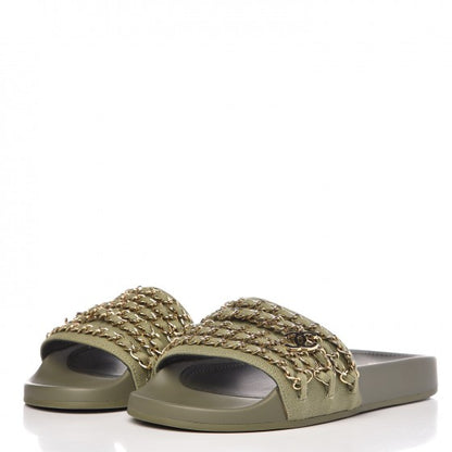 Chanel Canvas Chain Flat Sandals 36 Khaki 3 of 9