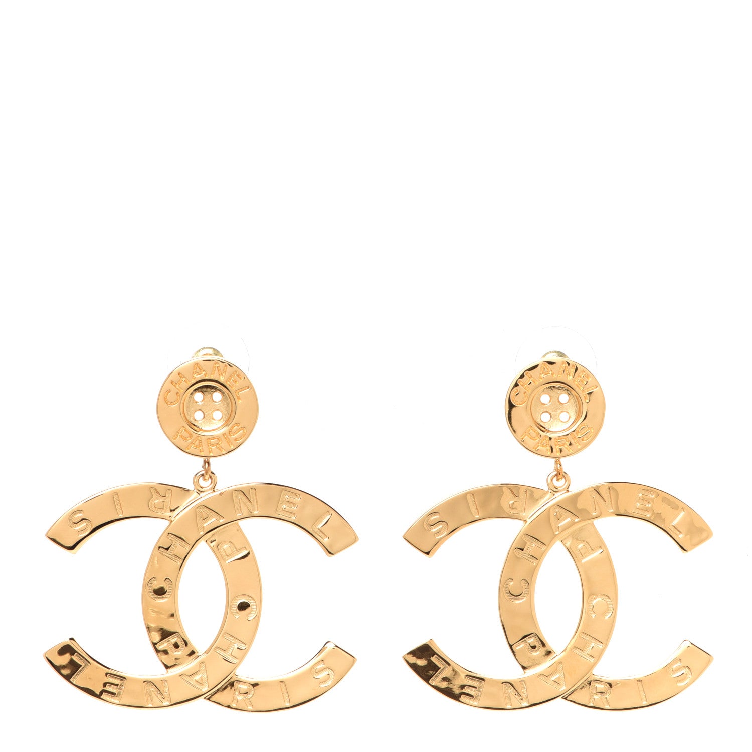 Chanel Metal Large Paris Button Earrings Gold 1 of 5