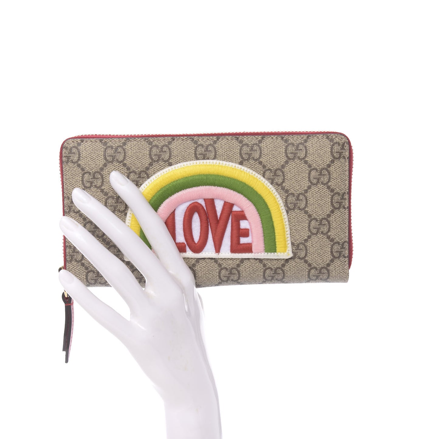 GG Supreme Monogram Embroidered Rainbow Zip Around Wallet Red