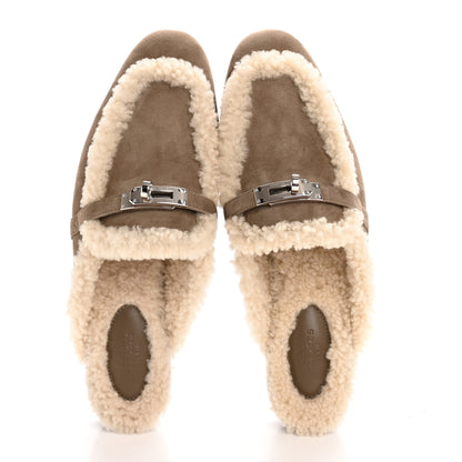 Hermes Suede Goatskin Shearling Womens Oz Mules 38 Etoupe Ecru 2 of 10