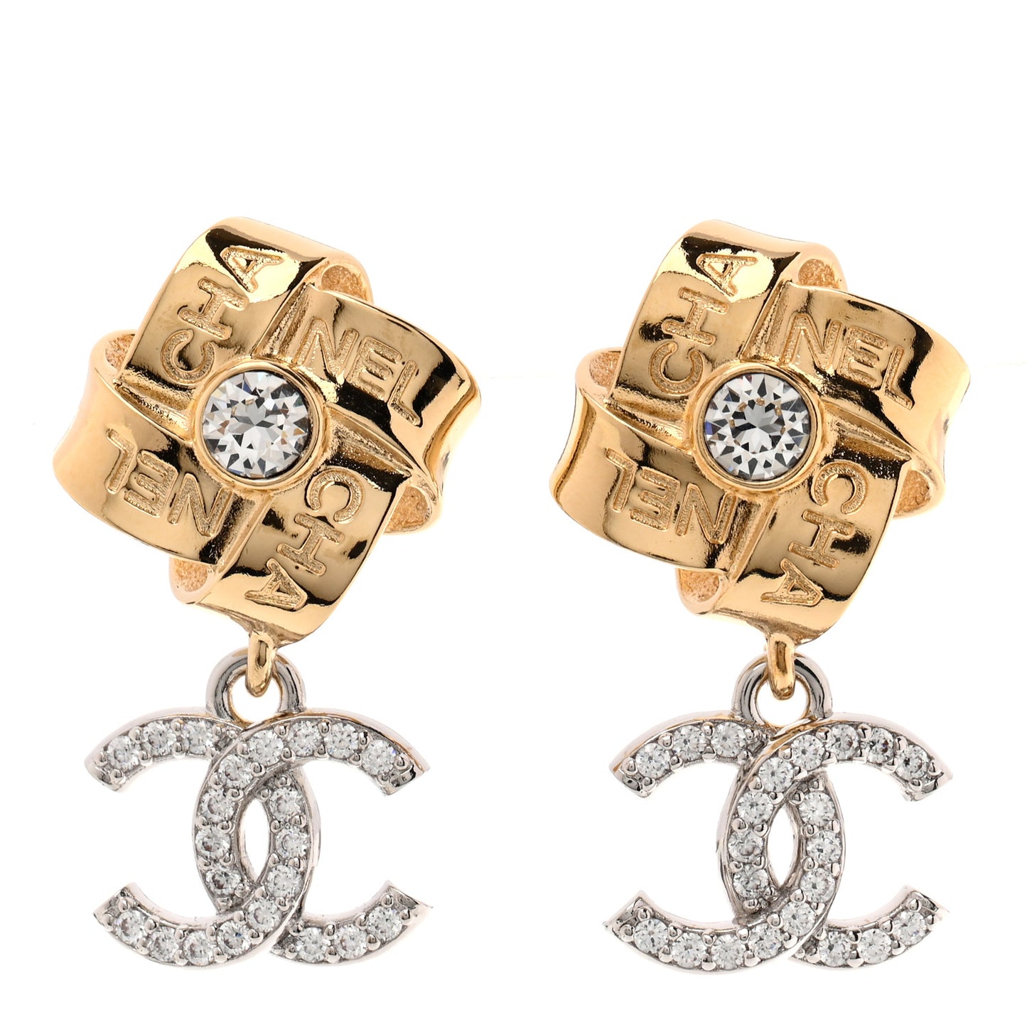 Crystal CC Drop Earrings Gold Silver