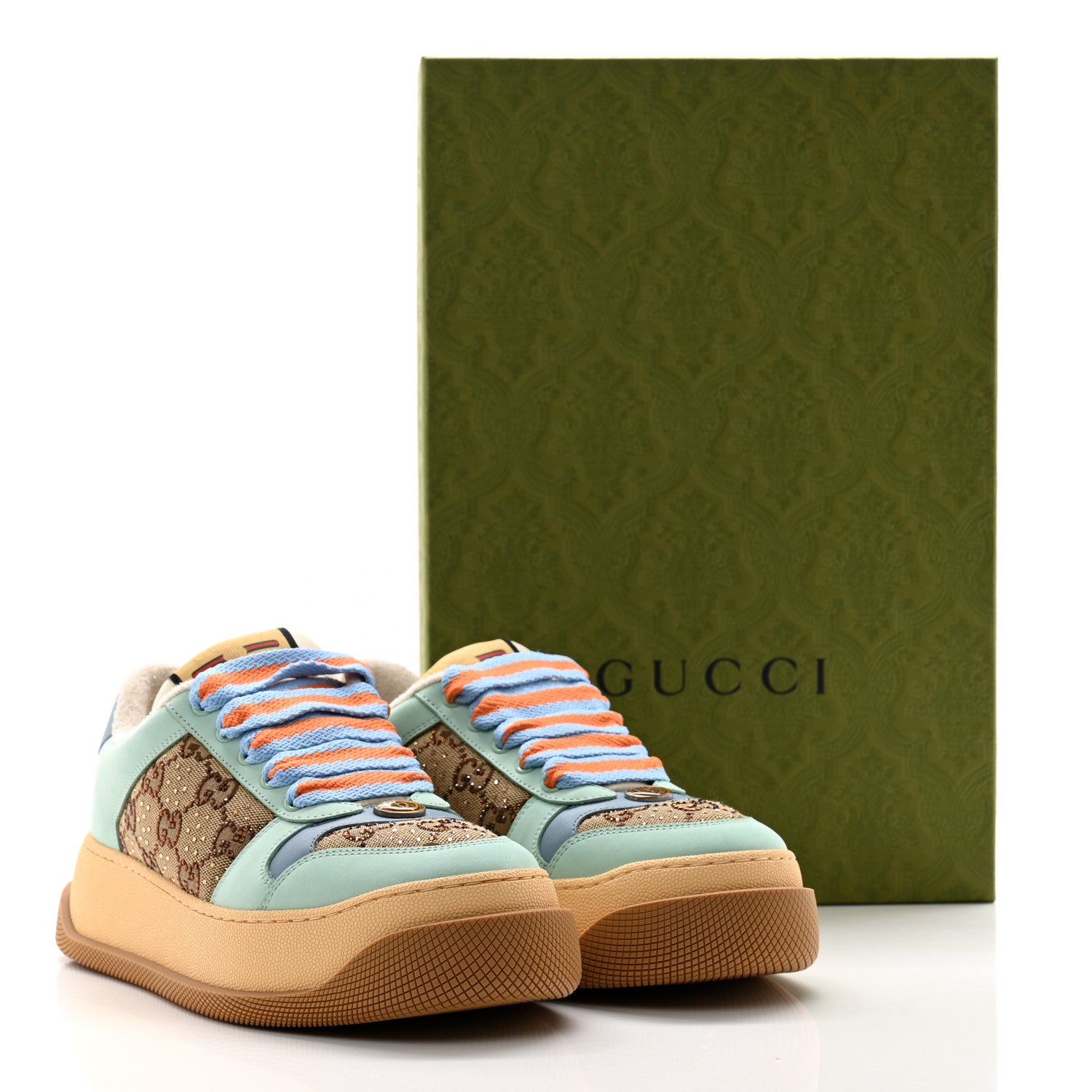 Gucci New Canvas GG Monogram Women's Screener 50mm Sneakers 37.5 Beige Blue Orange 10 of 10