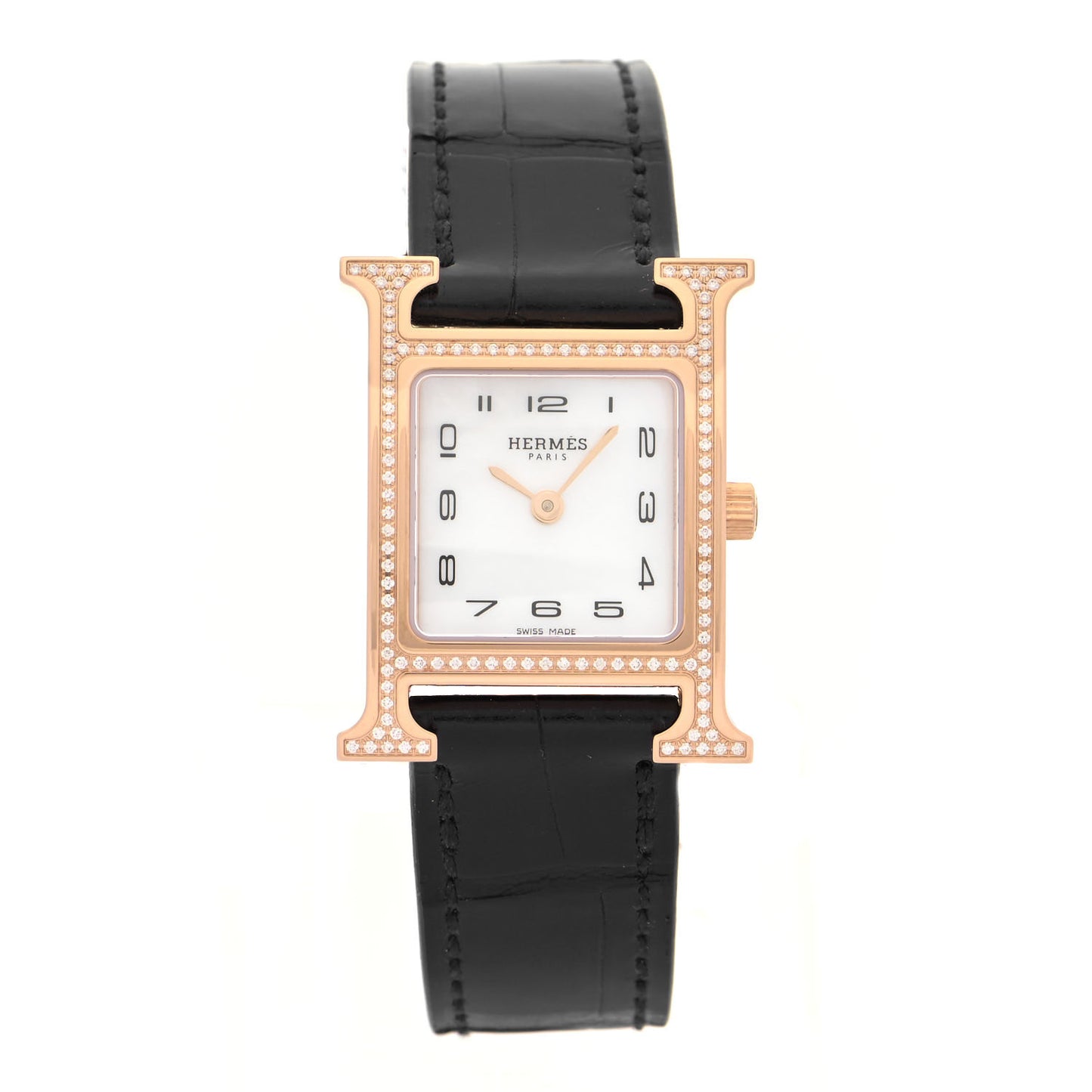 18K Rose Gold Alligator Diamond Bezel Mother of Pearl 21mm Heure H Hour Quartz Watch Noir