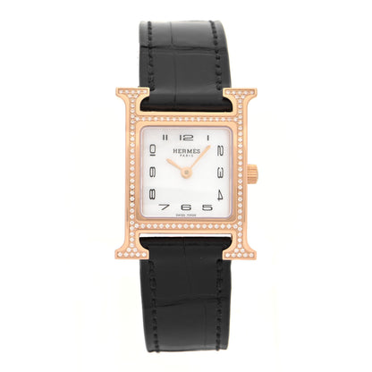 Hermes 18K Rose Gold Alligator Diamond Bezel Mother of Pearl 21mm Heure H Hour Quartz Watch Noir 1 of 5
