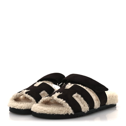 Hermes Suede Goatskin Woolskin Womens Chypre Sandals 38.5 Marron Ebene 4 of 10