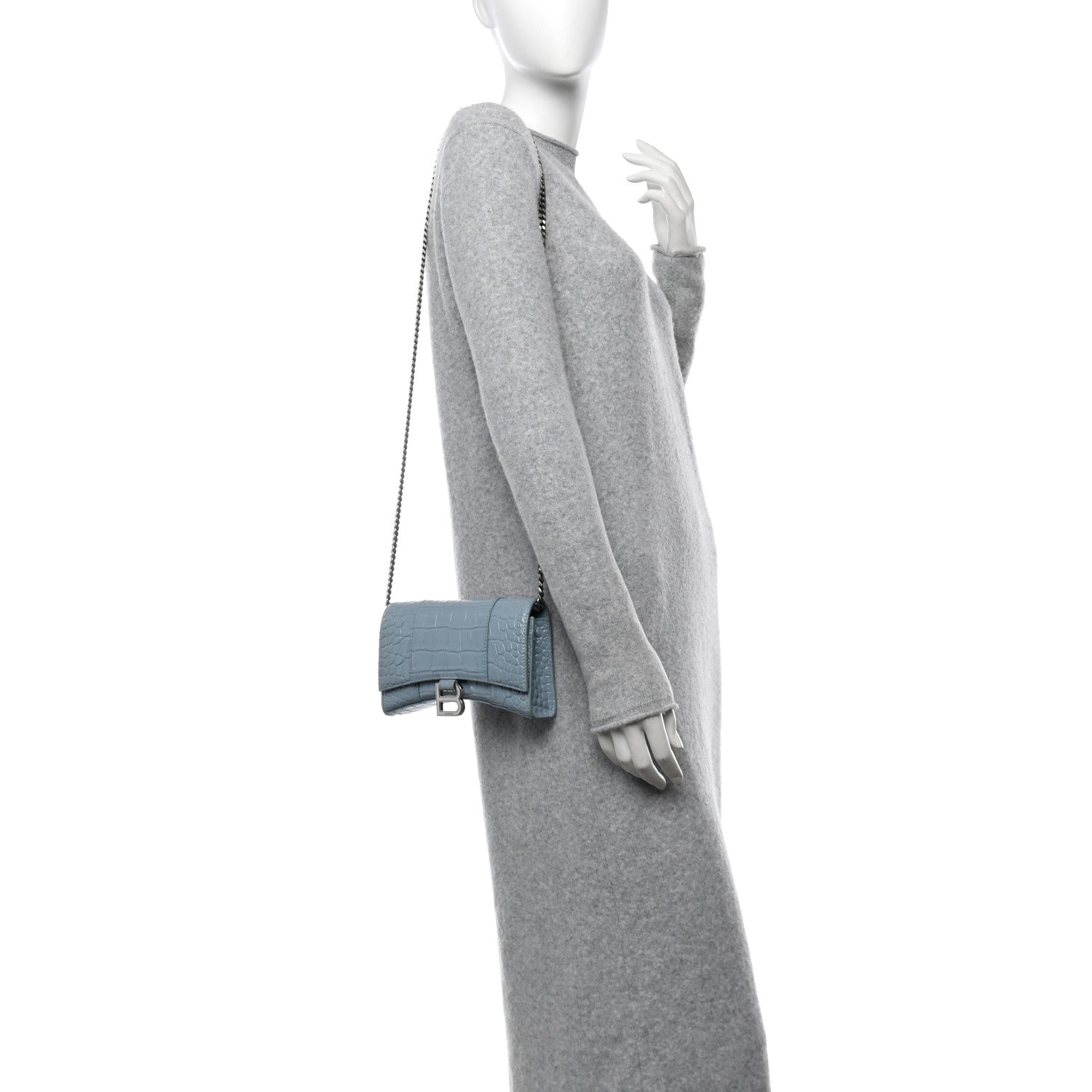Balenciaga Shiny Calfskin Crocodile Embossed Hourglass Chain Bag Blue Grey 2 of 11