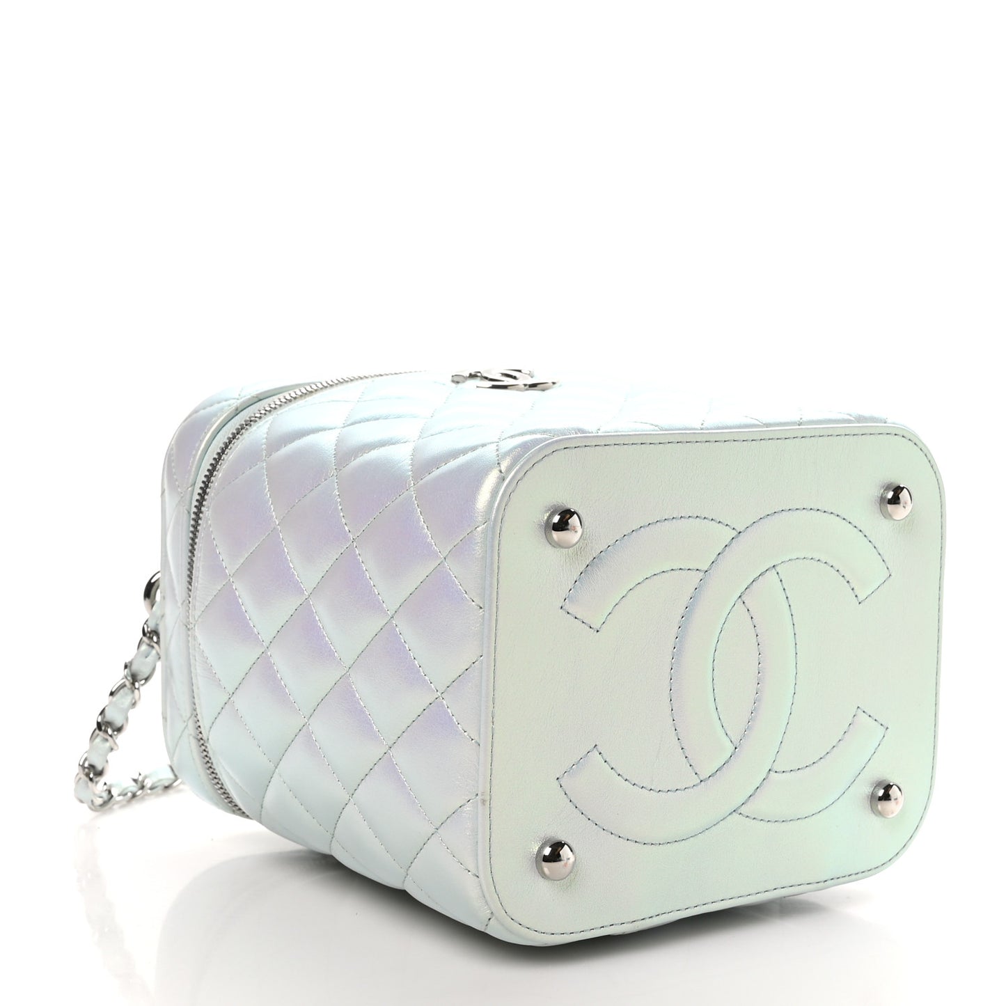 Iridescent Calfskin Quilted Small Top Handle Vanity Case With Chain Blue