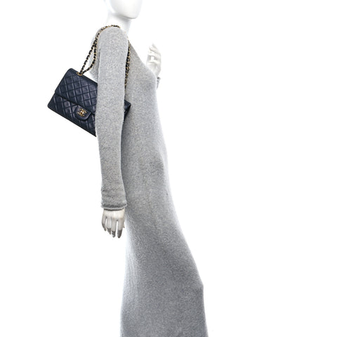 Lambskin Quilted Medium Double Flap Navy