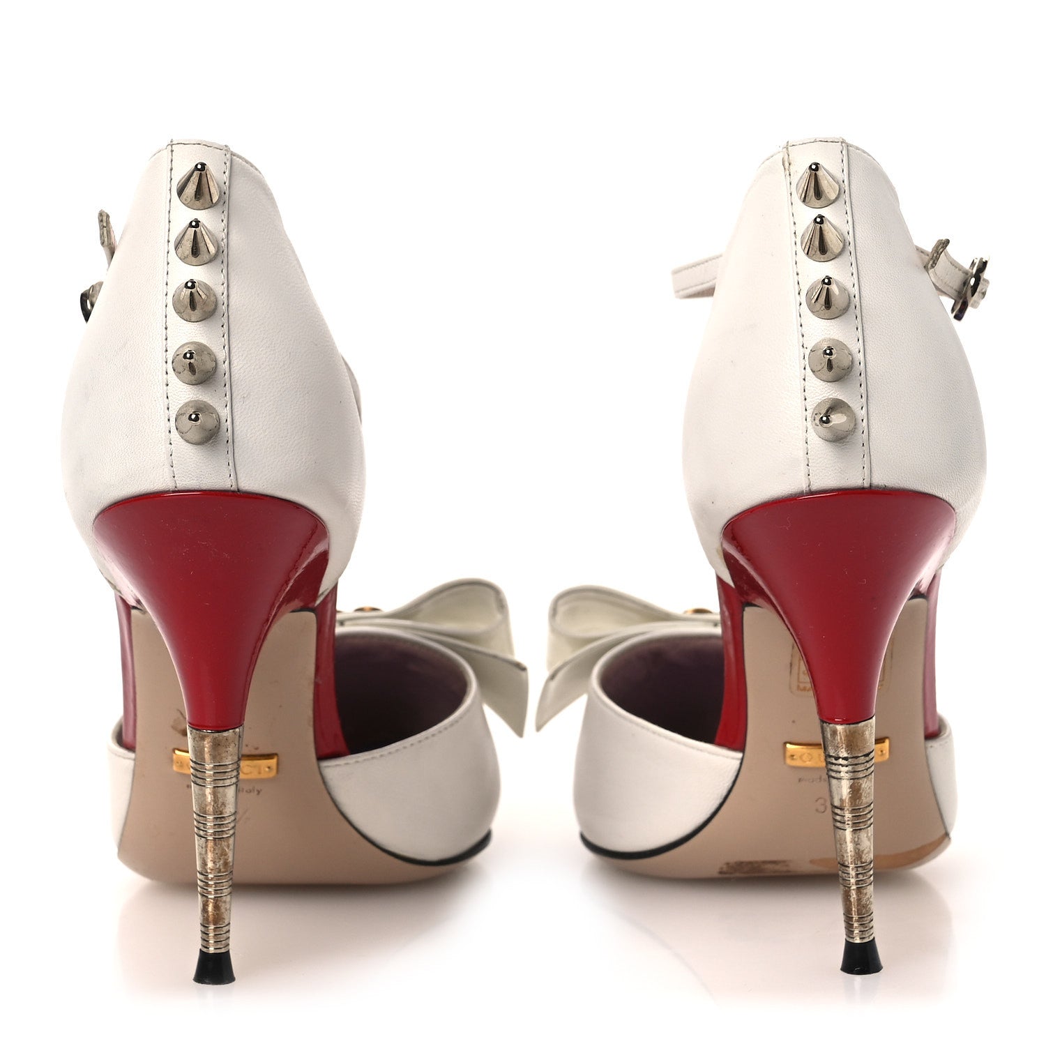 Gucci Calfskin Crystal GG Bow Sadie Spike Ankle Strap d'Orsay High Heel Pumps 35.5 White 6 of 14