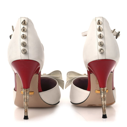 Gucci Calfskin Crystal GG Bow Sadie Spike Ankle Strap d'Orsay High Heel Pumps 35.5 White 6 of 14