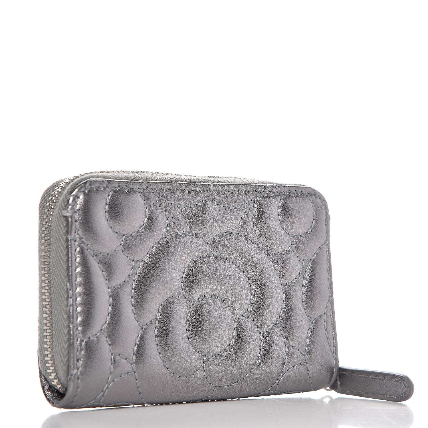 Chanel Metallic Lambskin Camellia Embossed Zip Coin Purse Grey 3 of 10