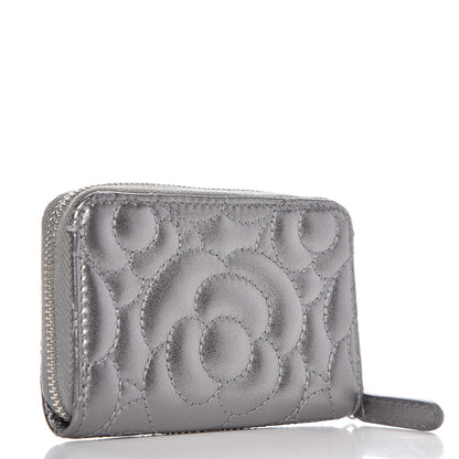 Chanel Metallic Lambskin Camellia Embossed Zip Coin Purse Grey 3 of 10